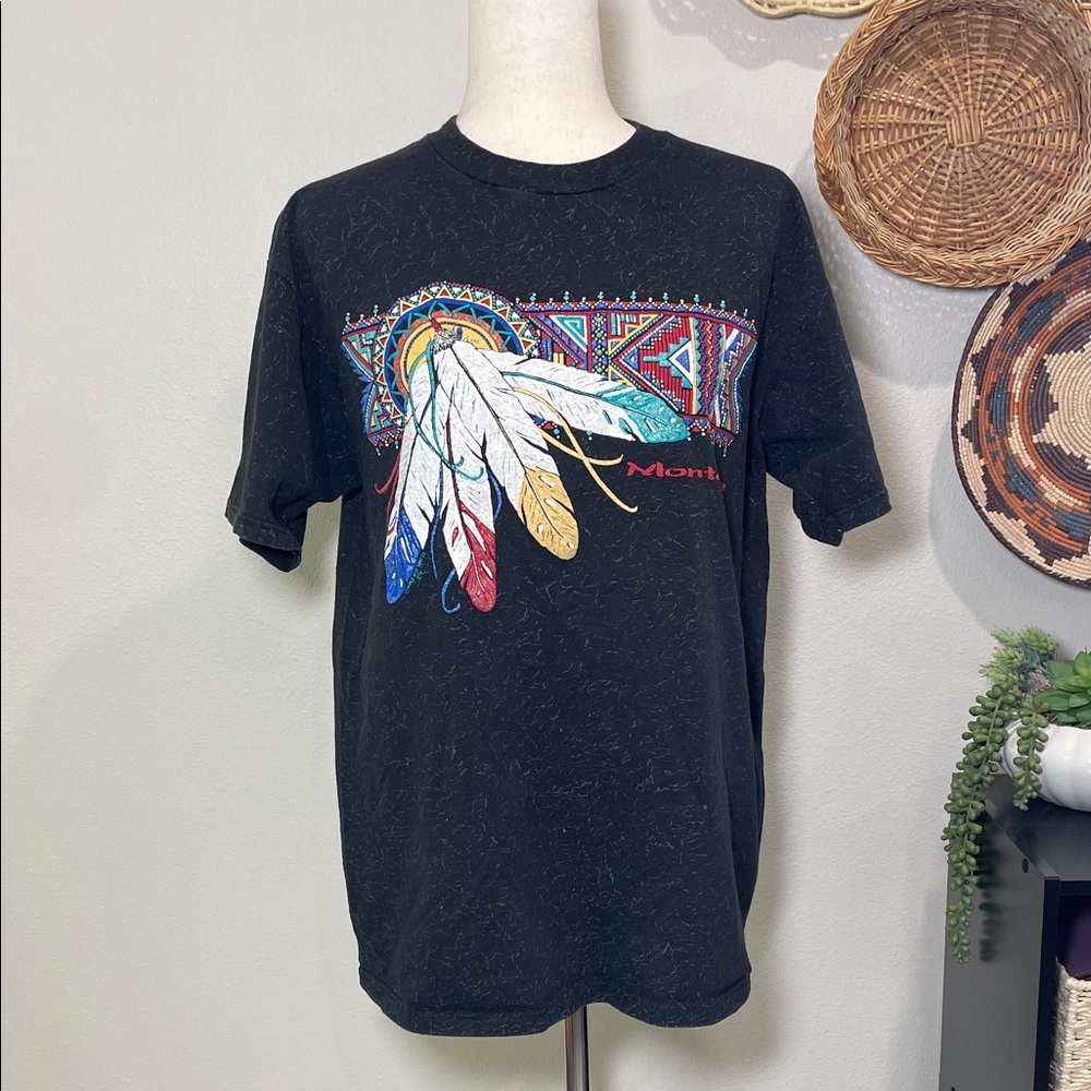 ‘94 Montana Native American Drum Feathers Blue Black White Red Aztec Size Large